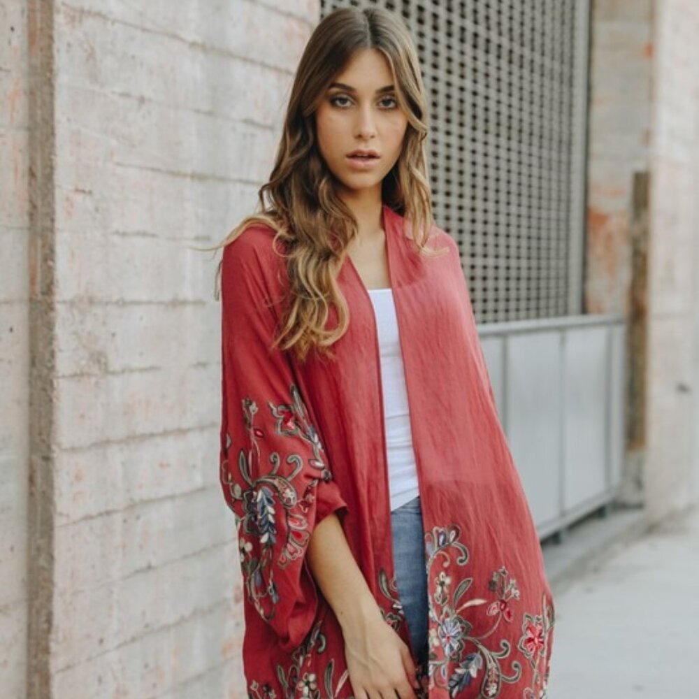 Leto Long Floral Kimono Cardigan Plum or Mustard Colors